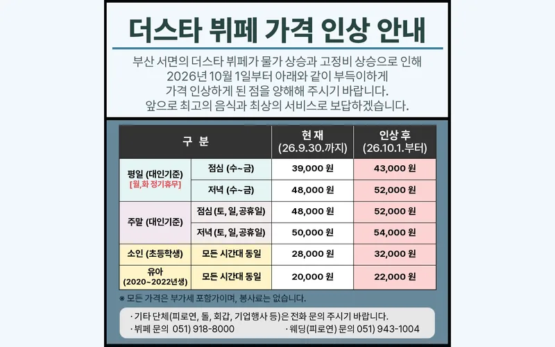 더스타뷔페 가격 인상·이용 요금 안내 첫 화면